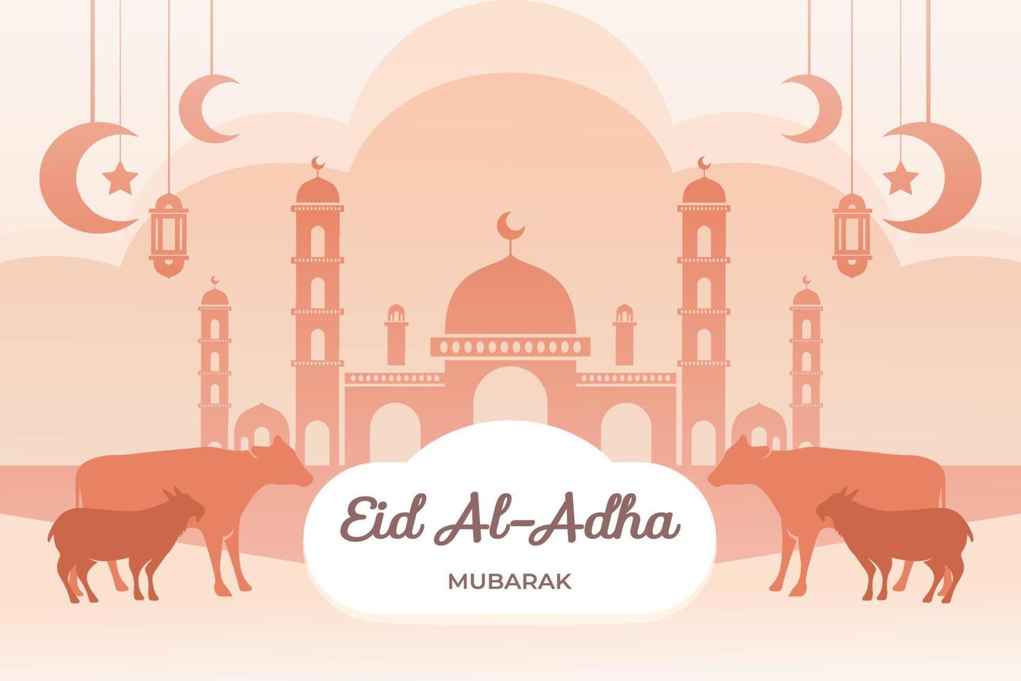 eid Mubarak celebracion saludo tarjeta modelo. festivo diseño para musulmán festival eid Alabama adha con cabra, silueta de mezquita, linternas y creciente. vector ilustración.