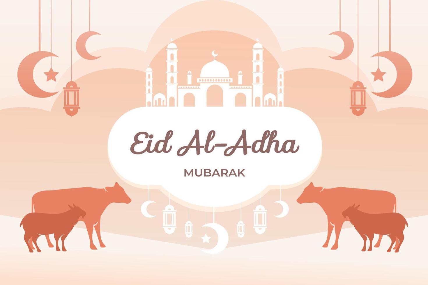 eid Mubarak celebracion saludo tarjeta modelo. festivo diseño para musulmán festival eid Alabama adha con cabra, silueta de mezquita, linternas y creciente. vector ilustración.