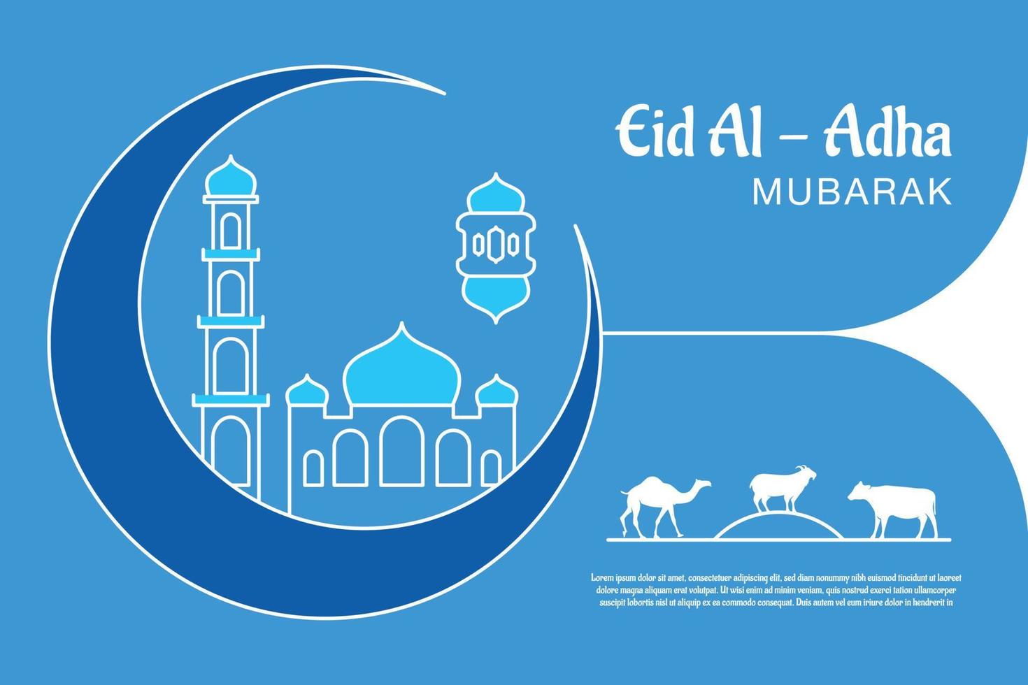 Eid Mubarak celebration Greeting card template. Festive design for Muslim festival Eid Al Adha with goat, silhouette of mosque, lanterns and crescent. Vector illustration.