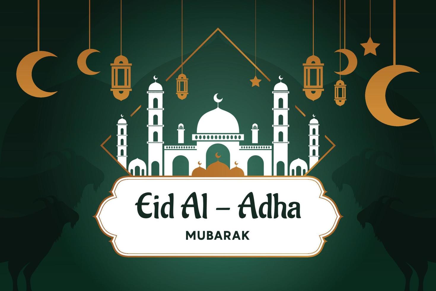 Eid Mubarak celebration Greeting card template. Festive design for Muslim festival Eid Al Adha with goat, silhouette of mosque, lanterns and crescent. Vector illustration.