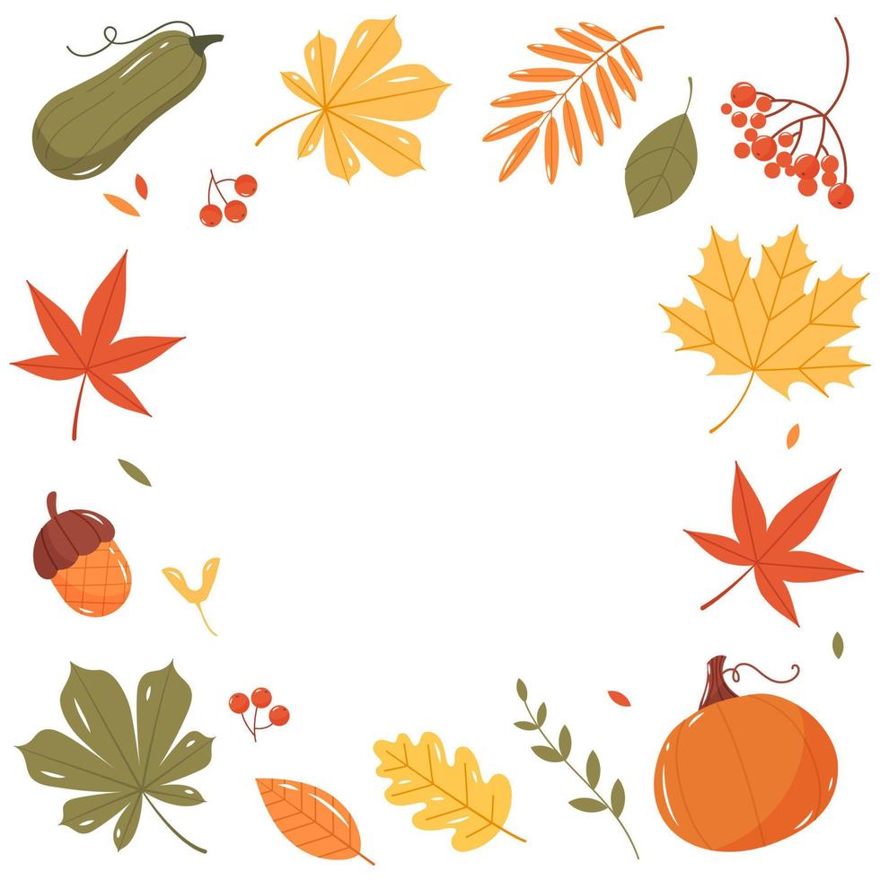 Autumn frame with leaves, pumpkins and acorns. Flat vector illustration.
