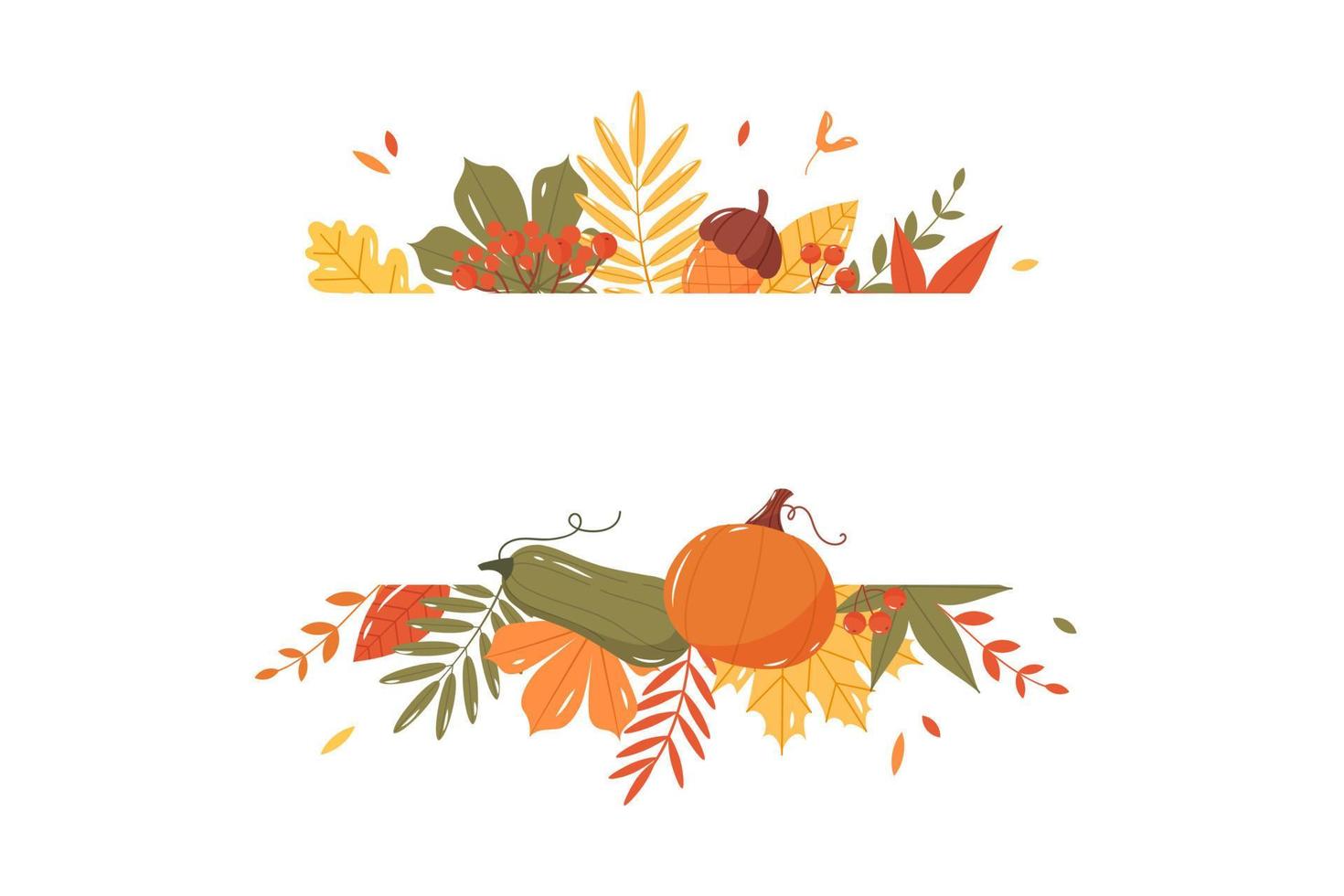 Autumn banner with leaves, pumpkins and acorns. Flat vector illustration.