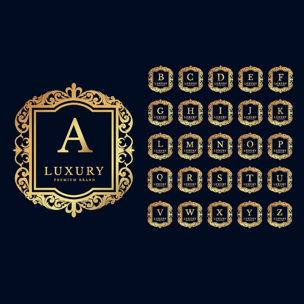 alfabeto inicial logo con lujo decorativo dorado marco. elegante rizo floral ornamento. vector