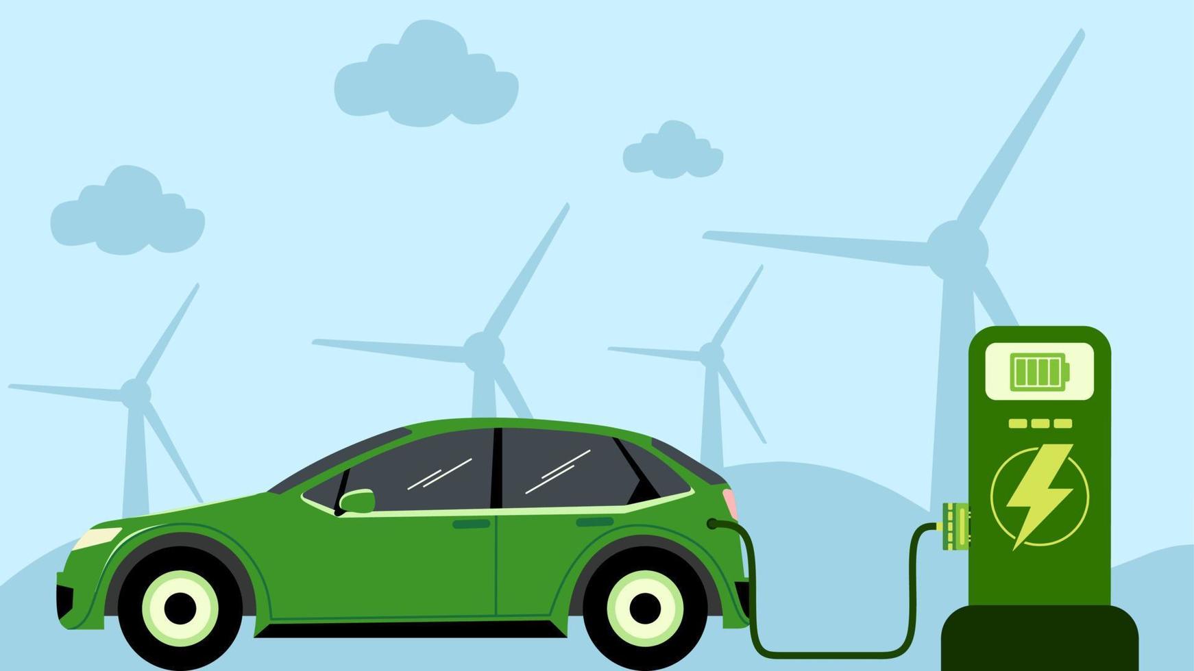 Electric vehicle vector illustration. Electric car at charging station