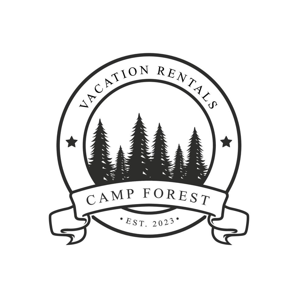 Camping at forest logo vintage vector illustration template icon graphic design.