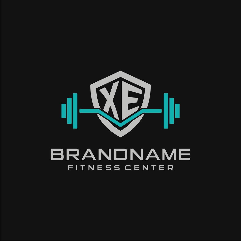 Creative letter XE logo design for gym or fitness with simple shield and barbell design style vector