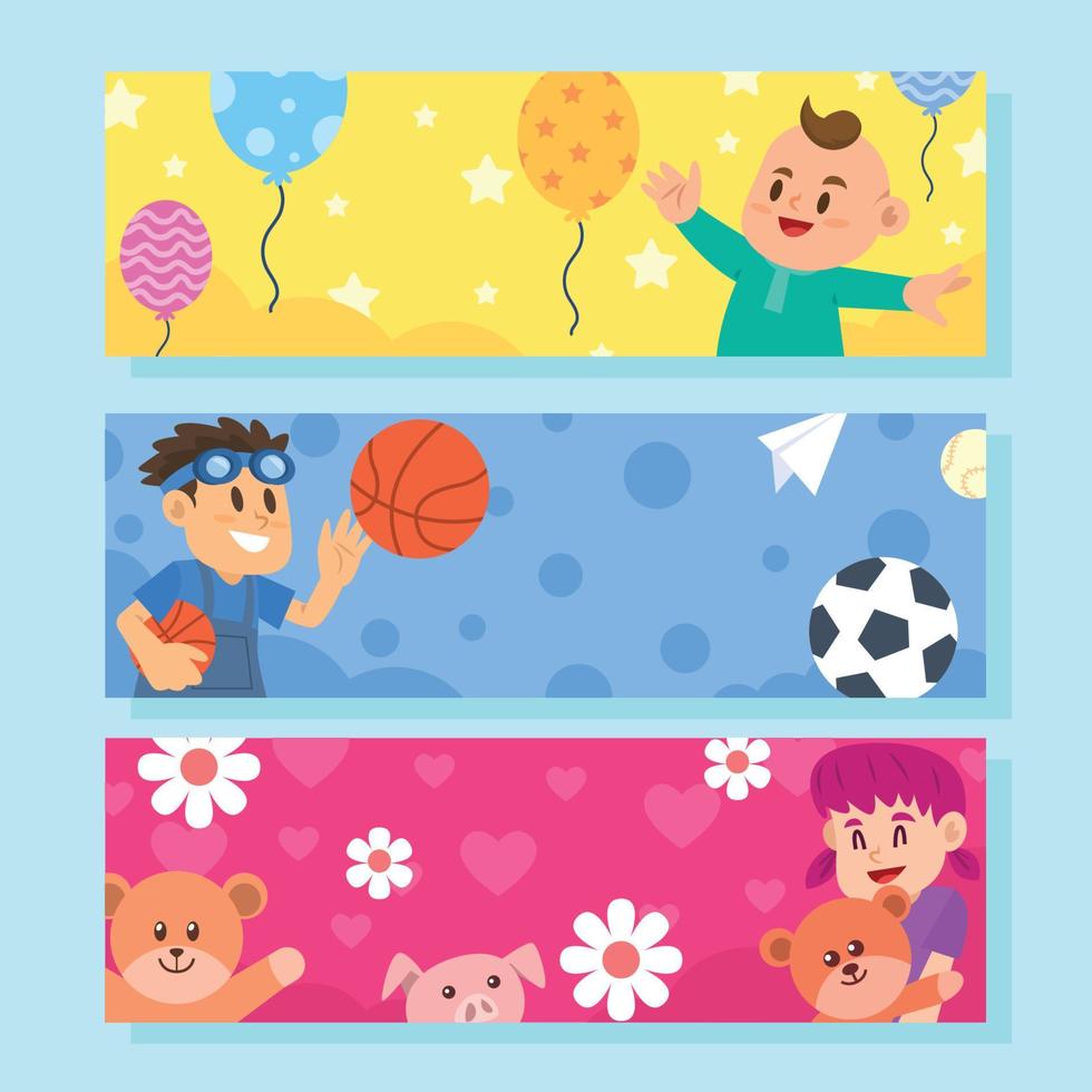 Tres niños jugando juntos bandera conjunto vector