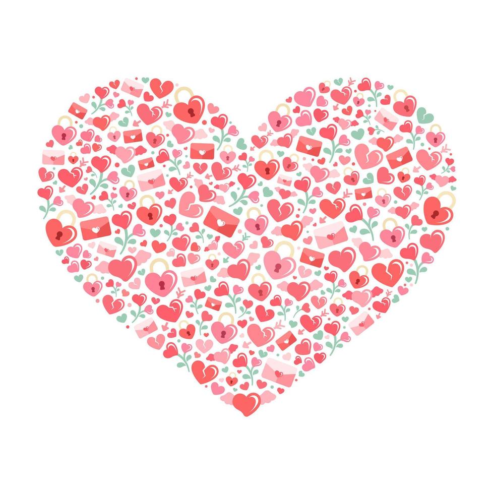 San Valentín día tarjeta diseño. plano moderno íconos garabatear collage conformado dentro un corazón ilustración. romántico amor temática etiqueta, etiqueta, tarjeta, impresión vector