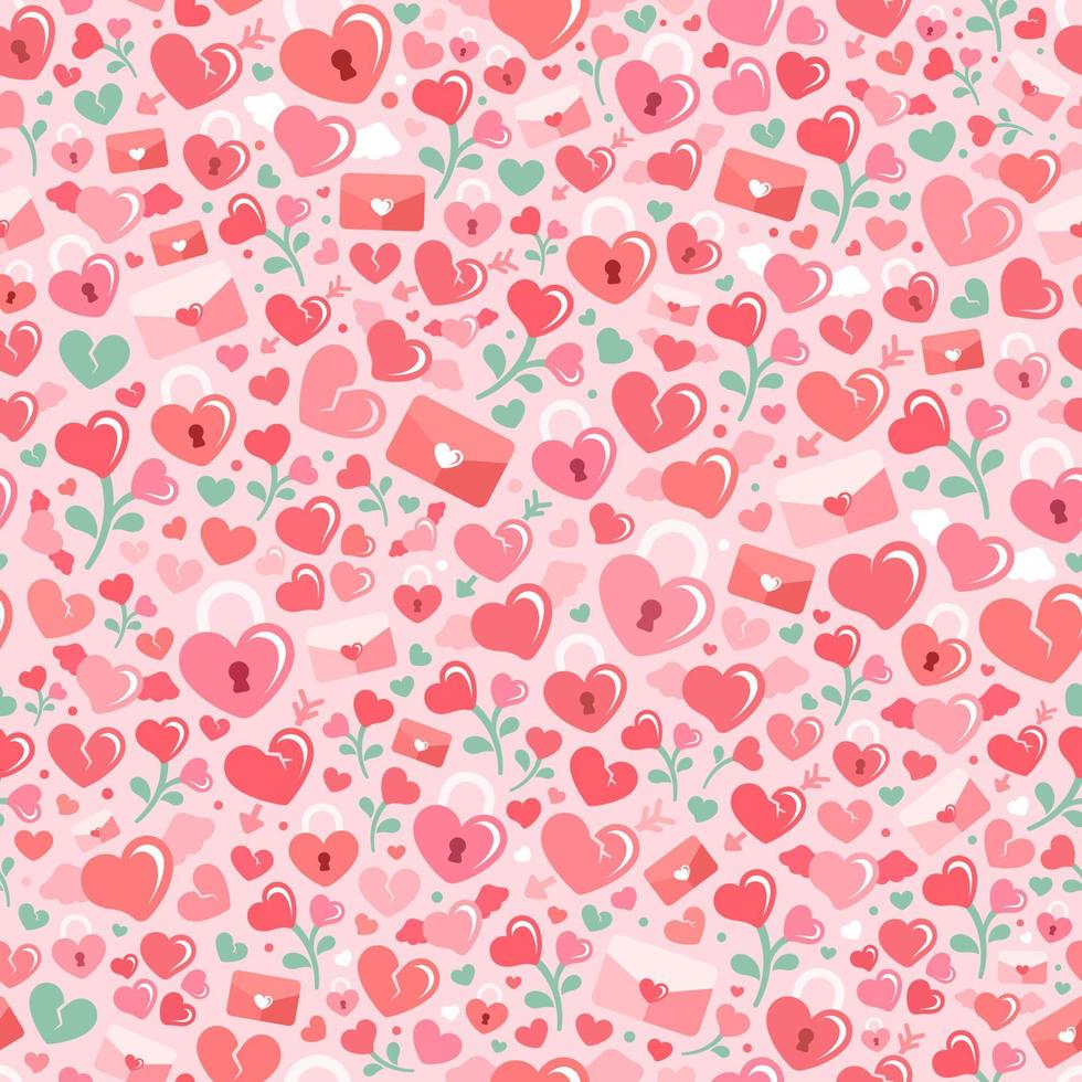 Valentines seamless pattern background. Flat modern icons collage. Romance love themed label, tag, card, print, pattern, texture, etc. vector