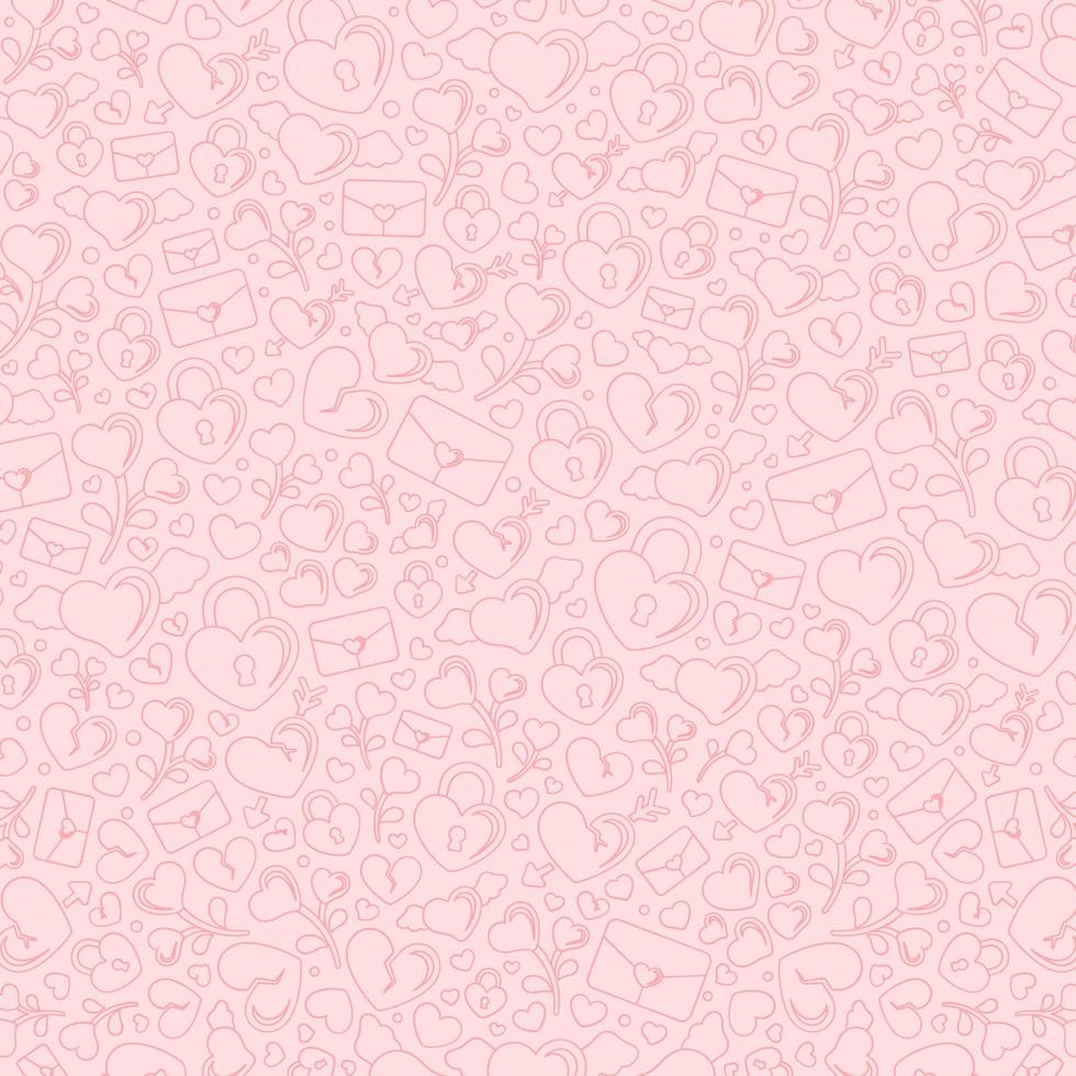 Valentines seamless pattern doodle background. Flat modern icons collage. Romance love themed label, tag, card, print, pattern, texture, etc. vector