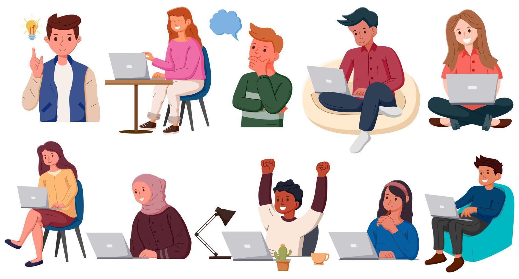 Professional business people collection, People work together in office, Work from home, set of people with laptops. freelance, self-employment concept. Vector illustration