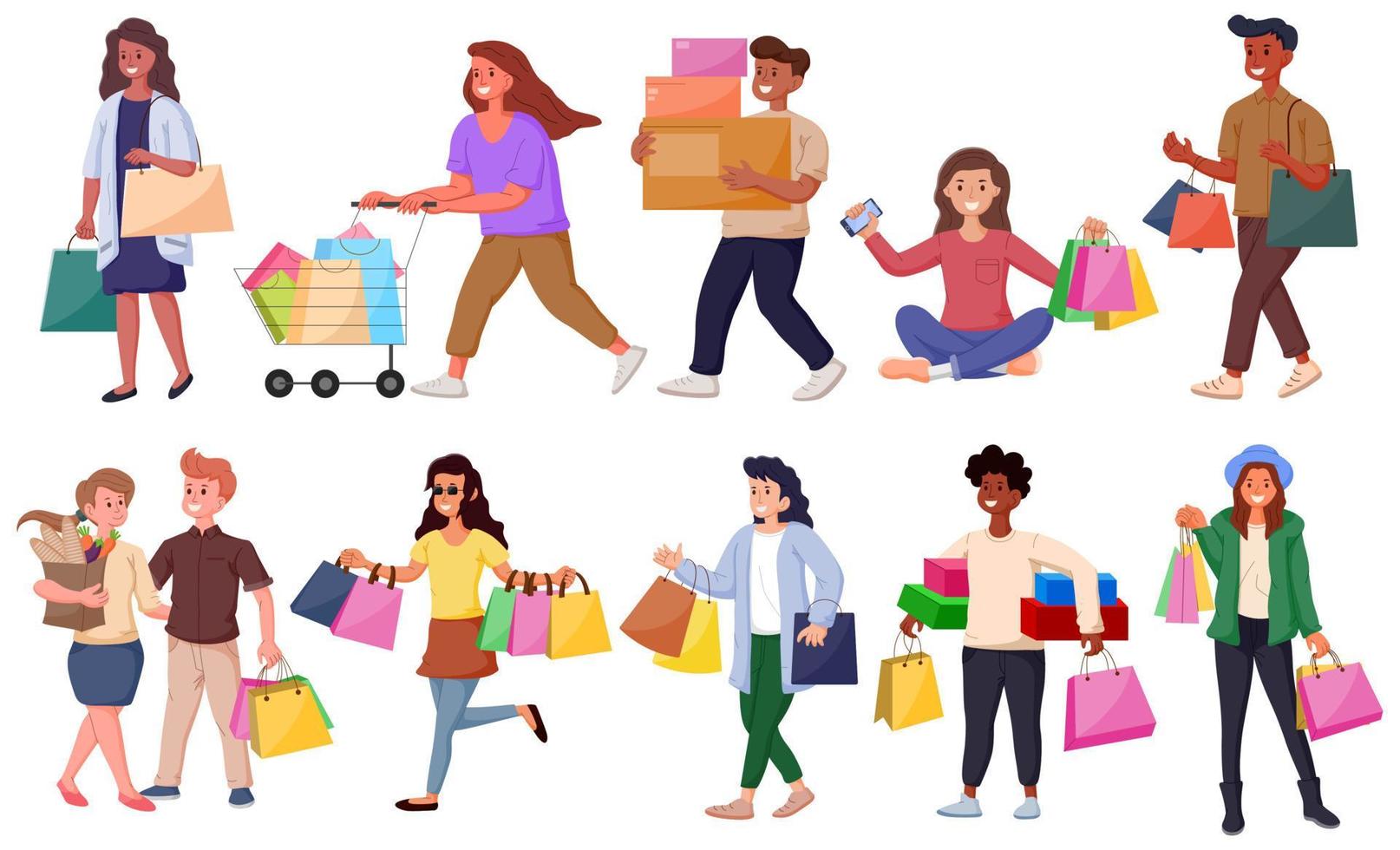 Collection of people carrying shopping bags with purchases. Man and woman taking part in seasonal sale in shop, store, mall. Vector illustration