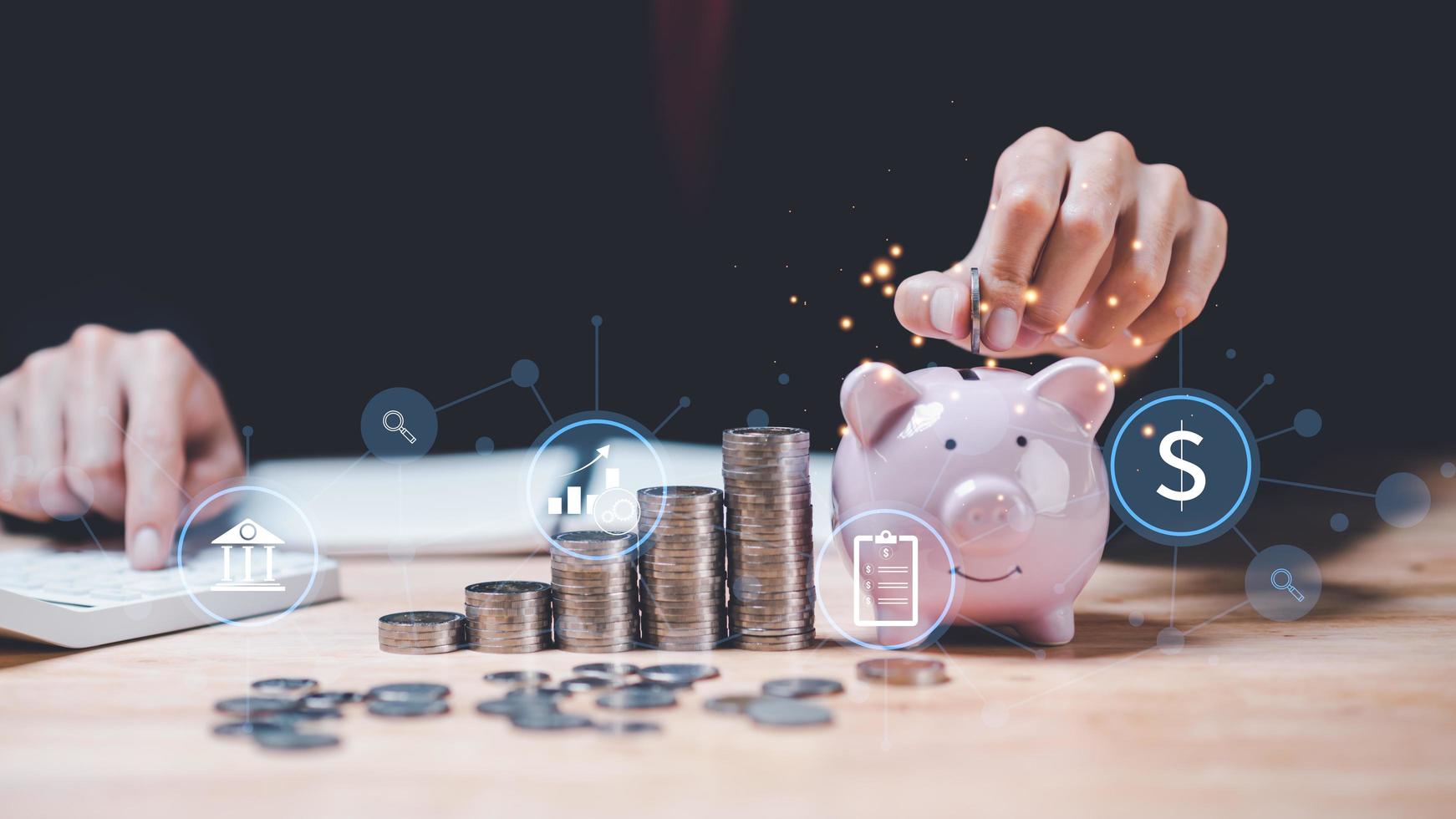 man putting coin money in piggy bank,high return investment,profit growth,Money and Investment Strategy,business investment analysis,saving money for the future,retirement investment planning photo