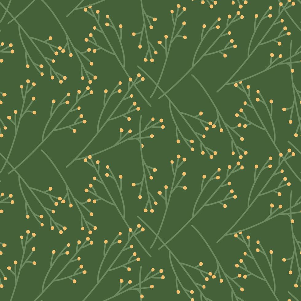 Seamless pattern of twigs on a green background. A plant in a flat style. Vector background.