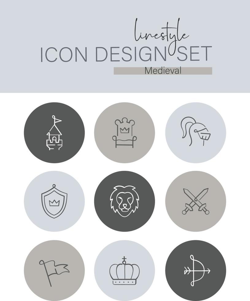 estilo de línea icono diseño conjunto medieval vector