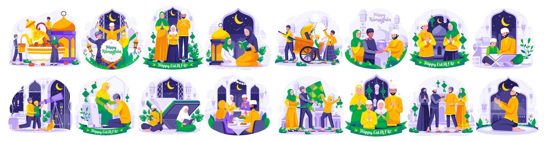 enorme ilustración conjunto de Ramadán concepto con musulmán personas saludo y celebrando Ramadán kareem y eid mubarak. saludo cada otro y disculparse iftar fiesta. leyendo Corán vector