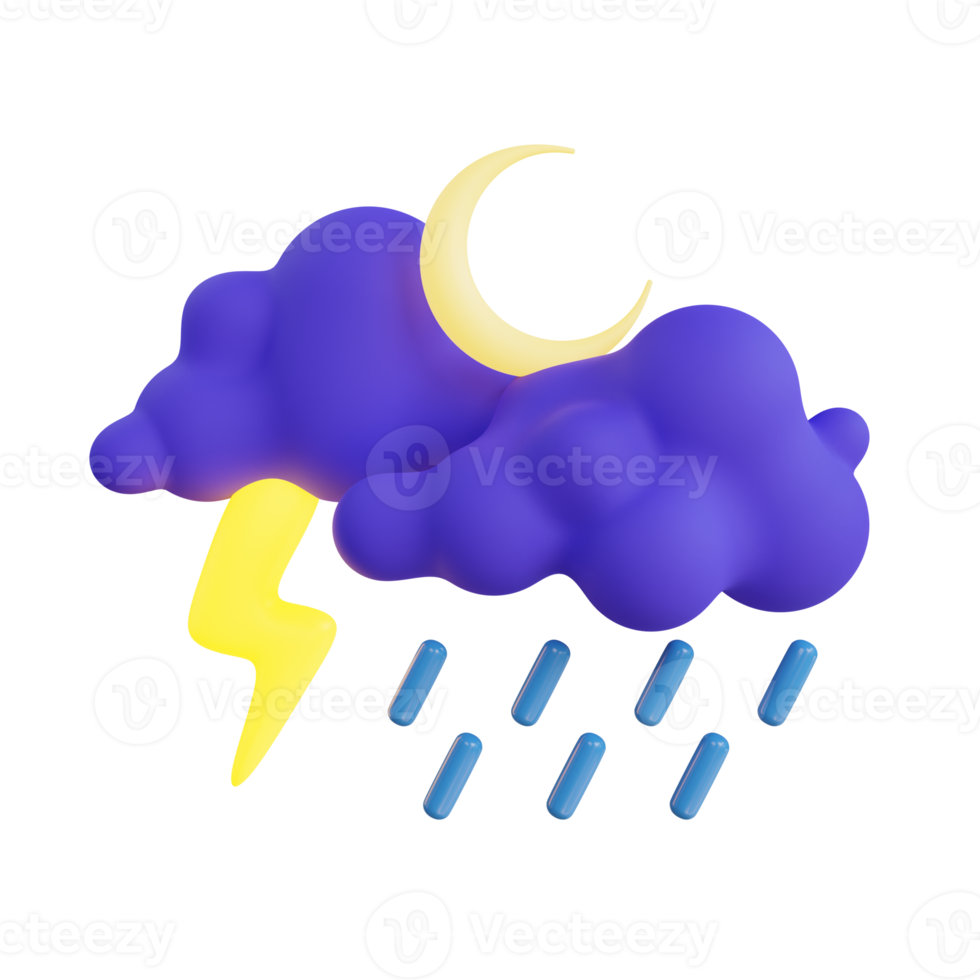 Stormy night 3d icon .blue and purple cloud with a lightning bolt. Weather icon png