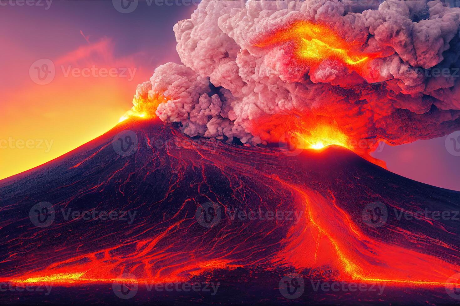 3D illustration of volcanic eruption with a lava flow photo