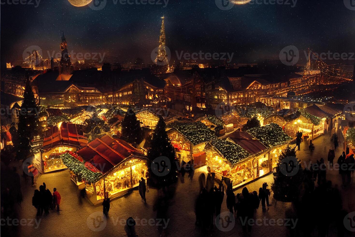 ilustración Navidad mercado a noche visto desde el aire foto