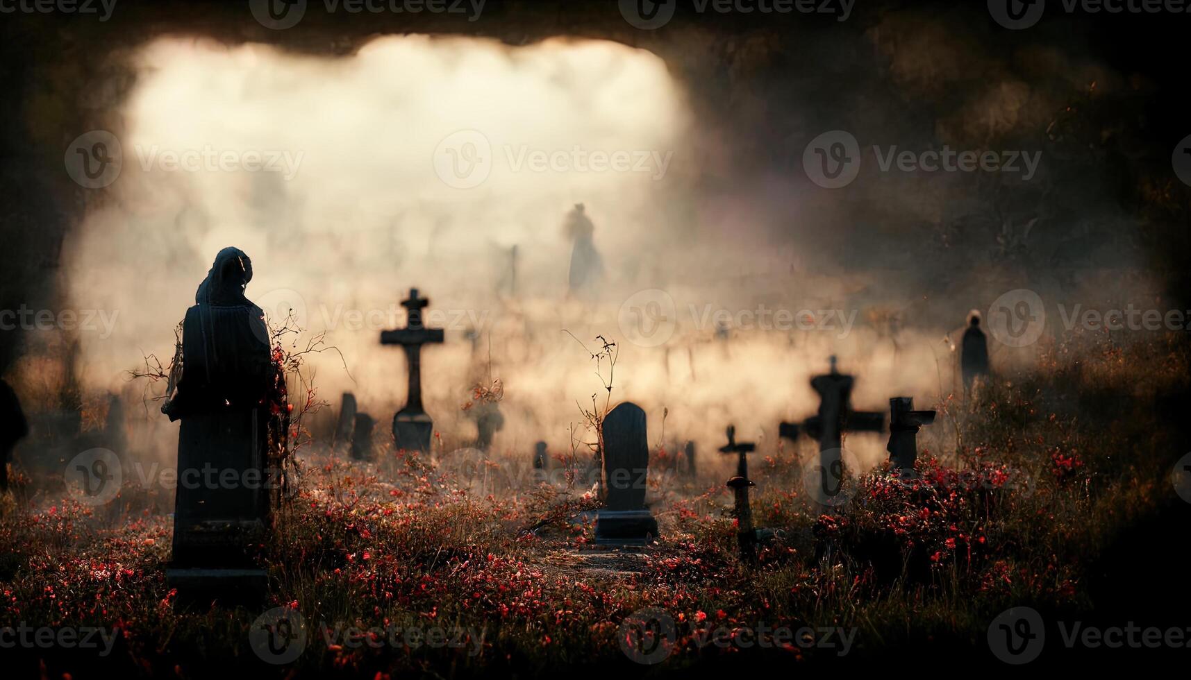 illustration cemetery with black graves at dusk photo