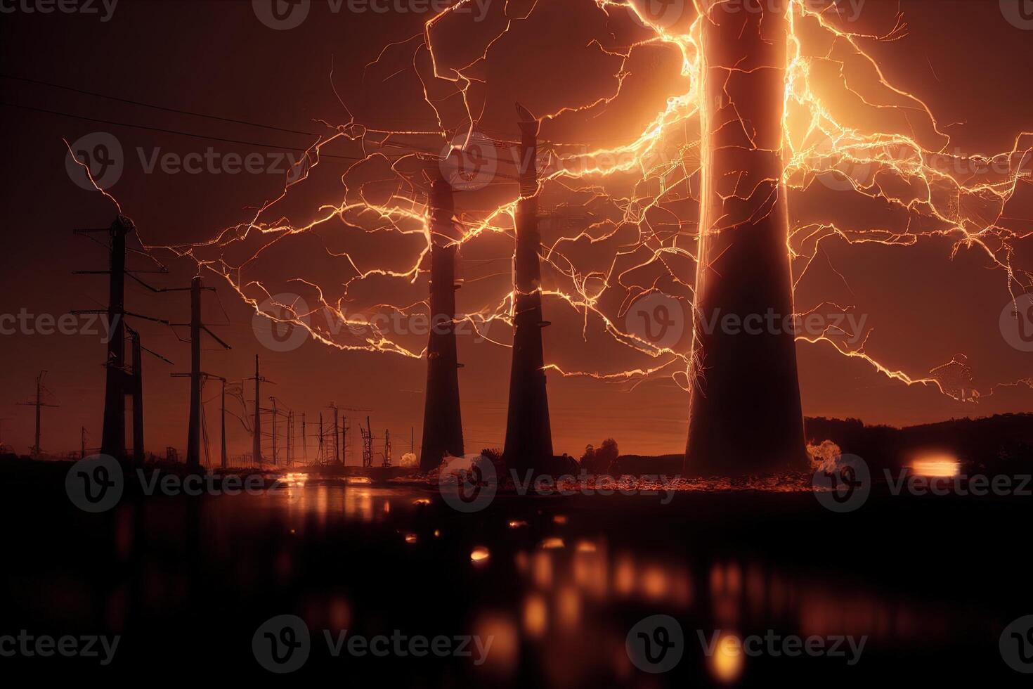 illustration of a thunderstorm over an energy factory photo