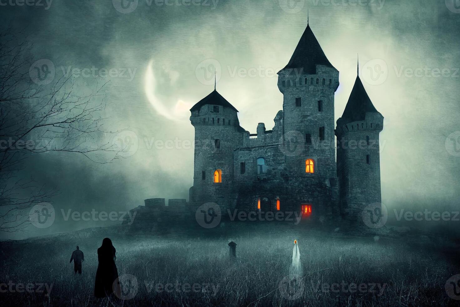 ilustración de un castillo en el medianoche con fantasmas foto