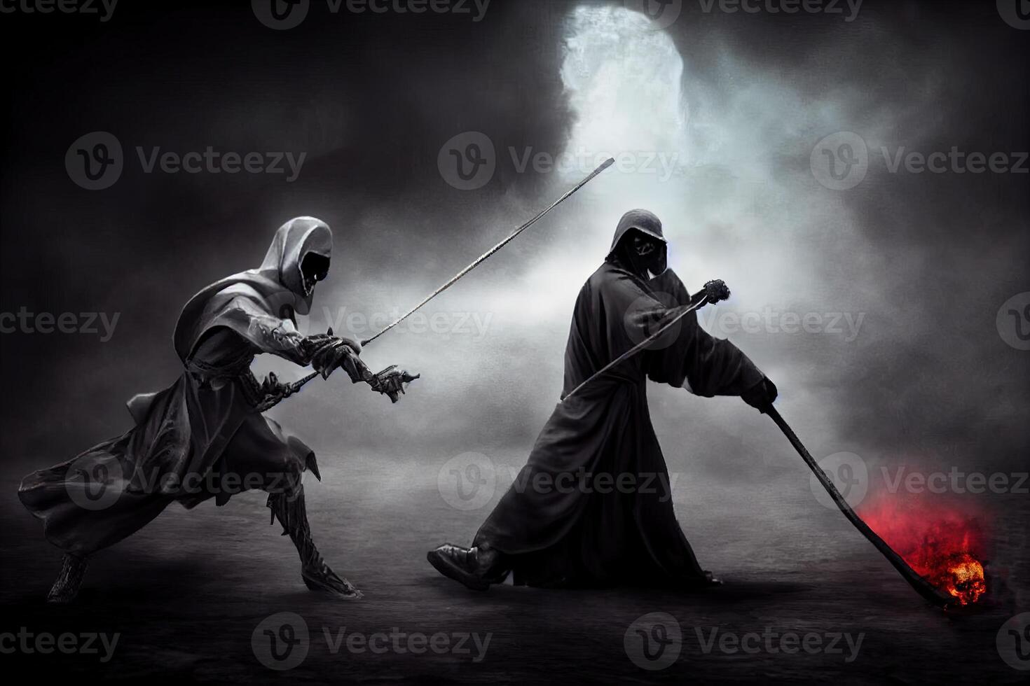 illustration of grim reaper fights against a warrior photo