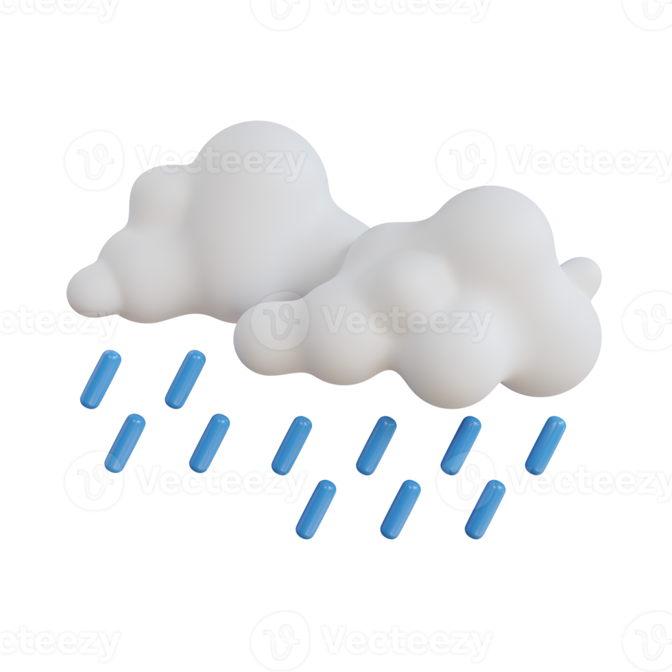 3D Weather Icon of Rain. white cloud with blue rain drops on it. Rain cloud with water drops png