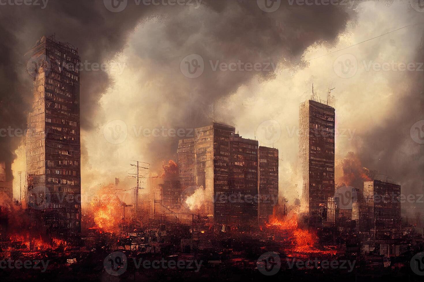 illustration of a city under bomb attack photo