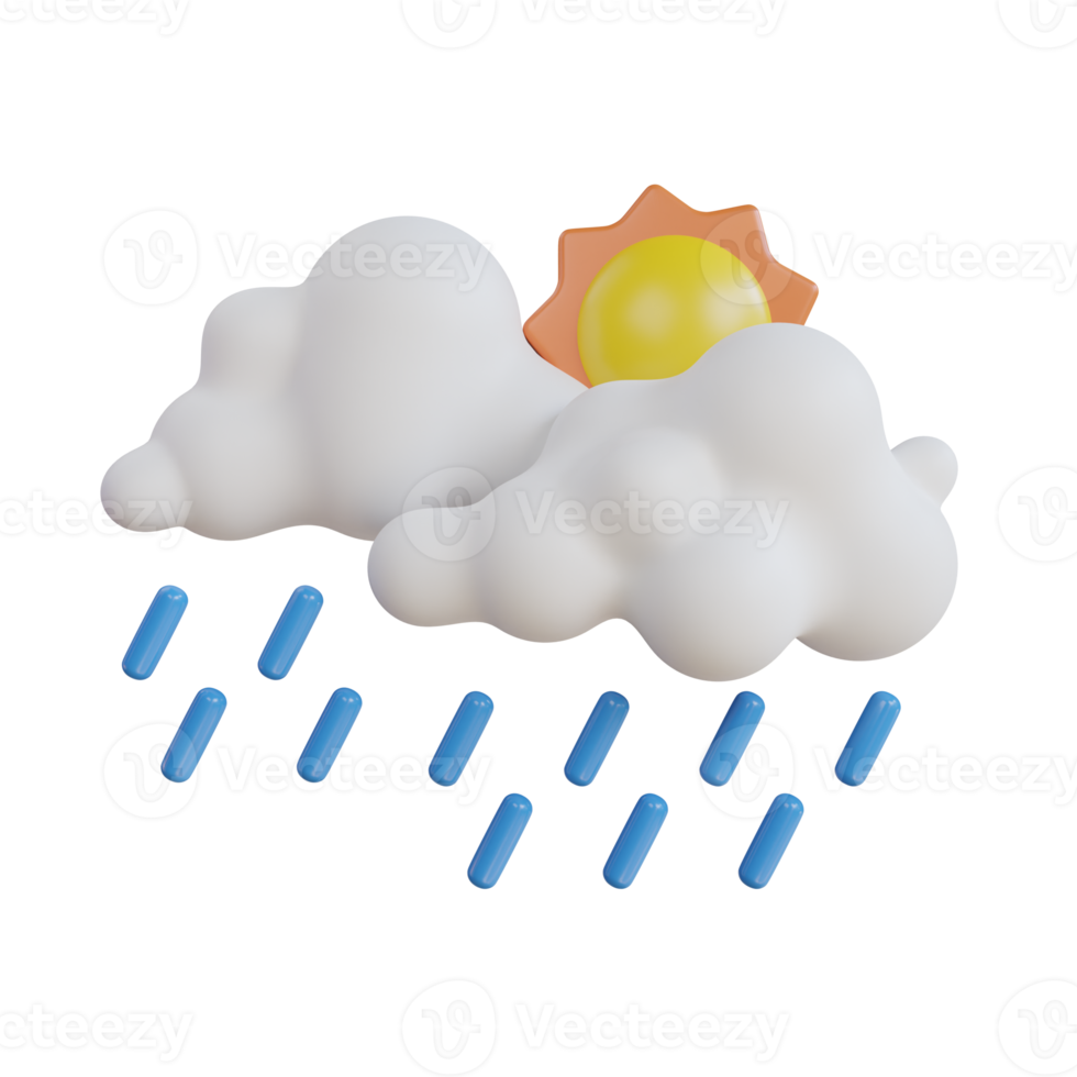 Sol e nuvem com chuva gotas. clima conceito. 3d ilustração png