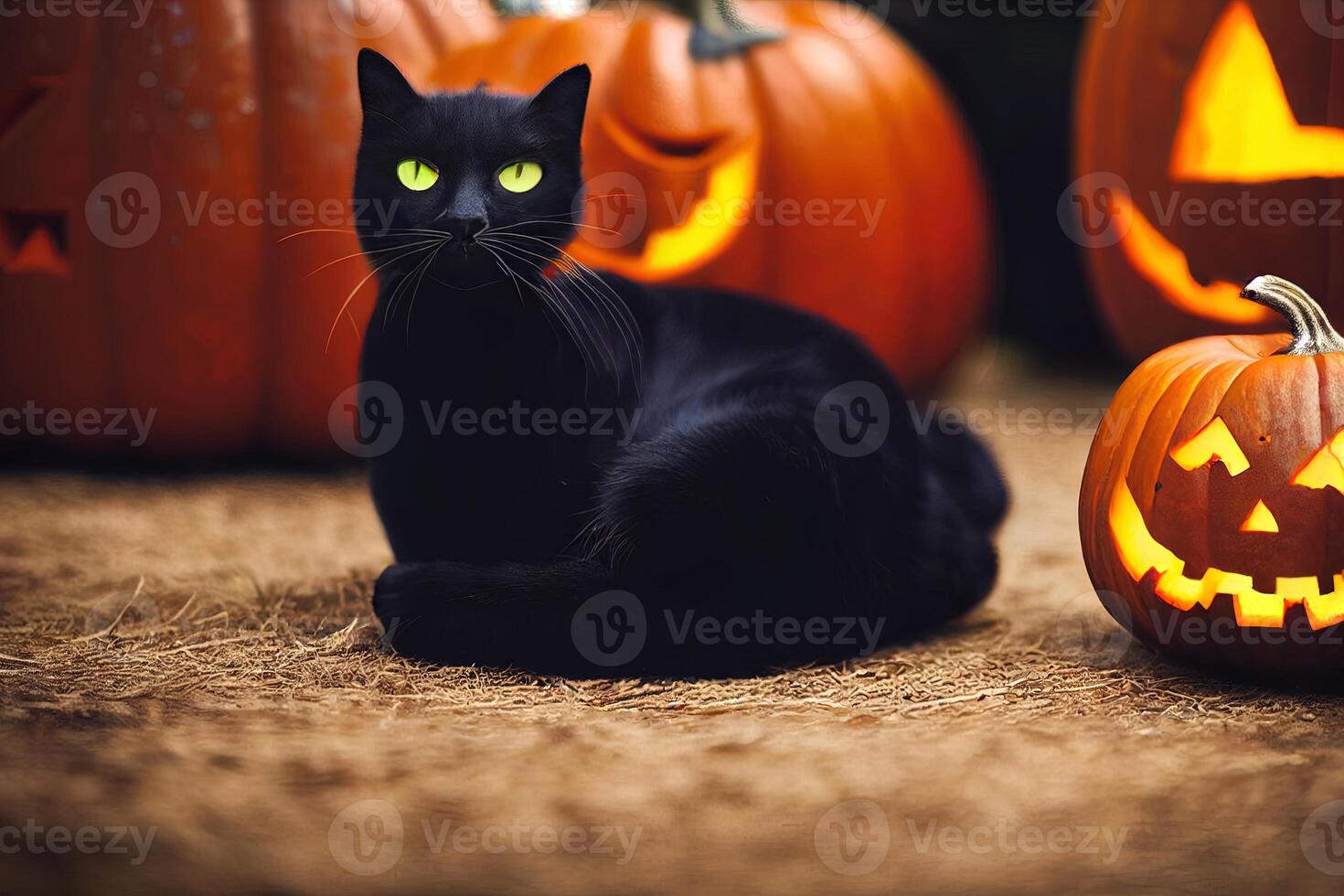 3d ilustración de un negro gato siguiente a un Víspera de Todos los Santos calabaza foto