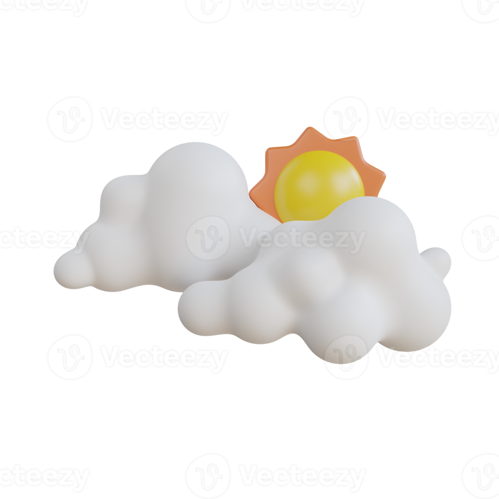 Cloudy with sun. Sunny day concept. 3d Sun with clouds. Weather icon png