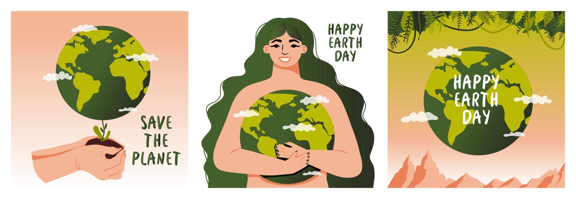 Happy Earth Day set. Planet Earth with  clouds and houses. Mother holding the globe. Concept of ecology and environmental protection. Vector illustration