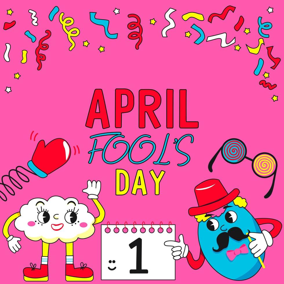 April fools day. Retro cartoon. Border with funny figures,  confetti and calendar 1 April. Ideal for card, banner, poster, social media, postcard, web. Vector