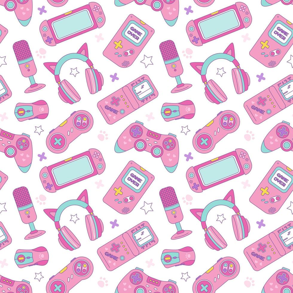 Gamer girl set of kawaii style elements. Vector seamless pattern. Vintage pink 90s Games