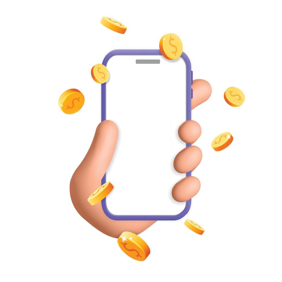 3d vector floating dollar gold coins around the white device screen female hand holds smartphone  design illustration
