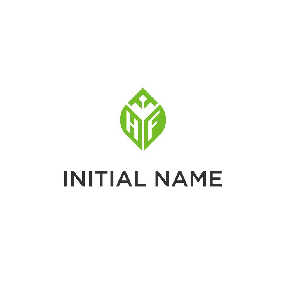 HF monogram with leaf logo design ideas, creative initial letter logo with natural green leaves vector