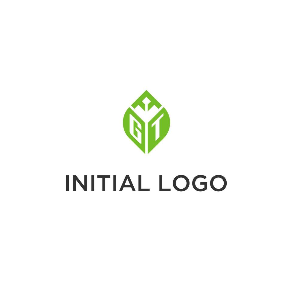 GT monogram with leaf logo design ideas, creative initial letter logo with natural green leaves vector