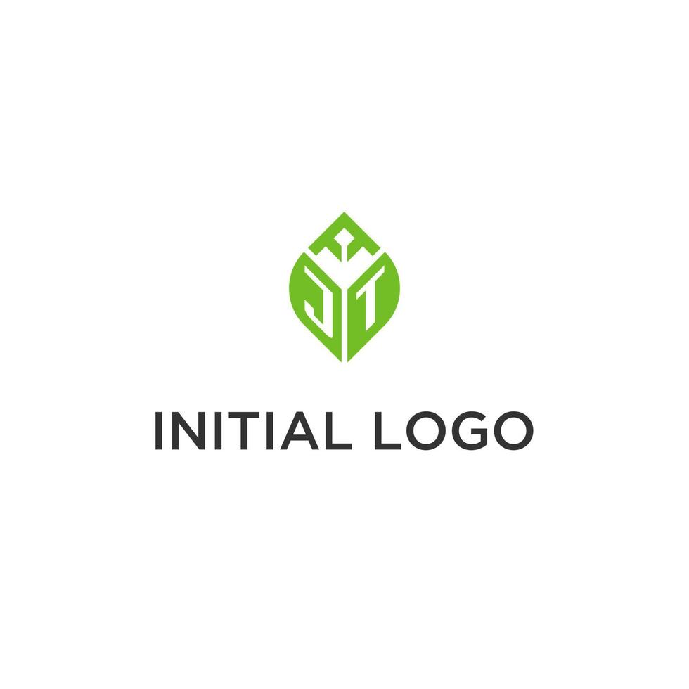 jt monograma con hoja logo diseño ideas, creativo inicial letra logo con natural verde hojas vector