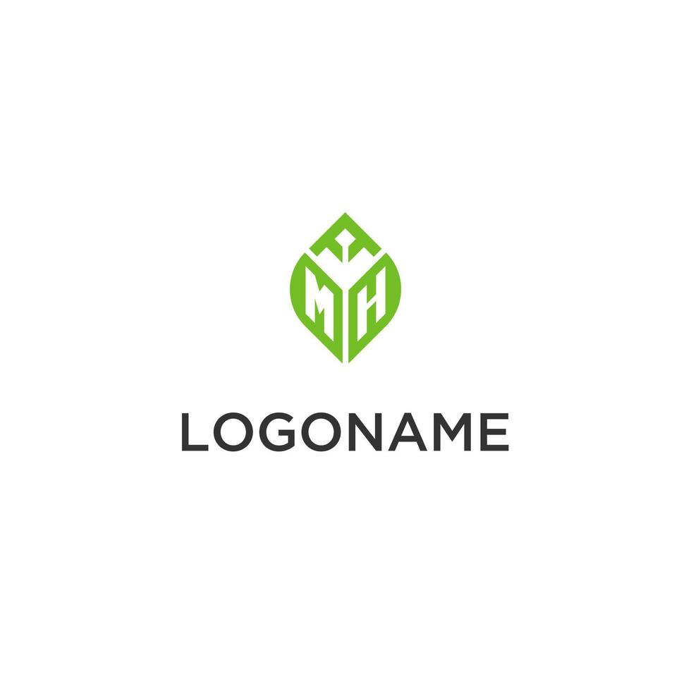 MH monogram with leaf logo design ideas, creative initial letter logo with natural green leaves vector