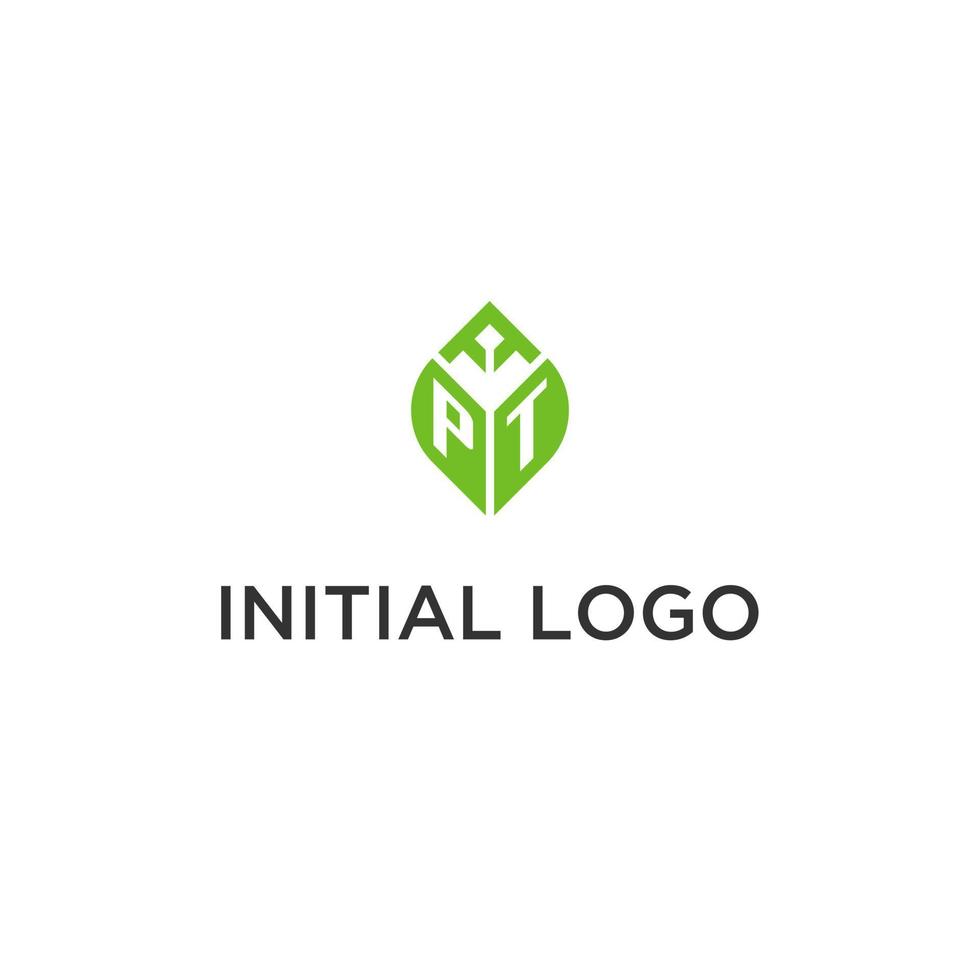 PT monogram with leaf logo design ideas, creative initial letter logo with natural green leaves vector