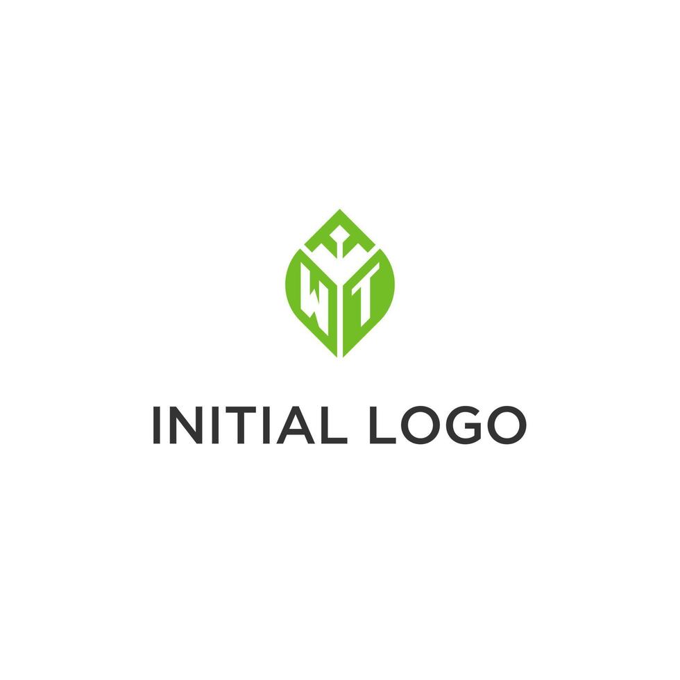 WT monogram with leaf logo design ideas, creative initial letter logo with natural green leaves vector