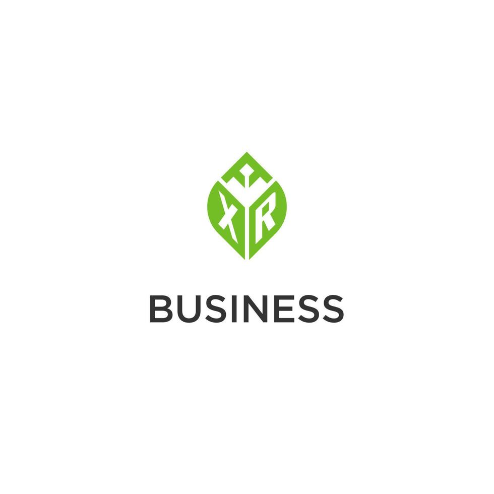 XR monogram with leaf logo design ideas, creative initial letter logo with natural green leaves vector