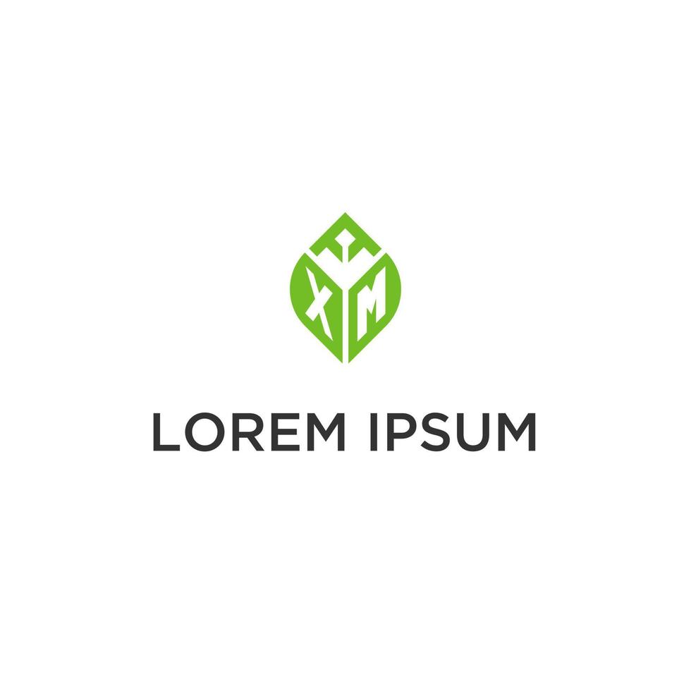 XM monogram with leaf logo design ideas, creative initial letter logo with natural green leaves vector