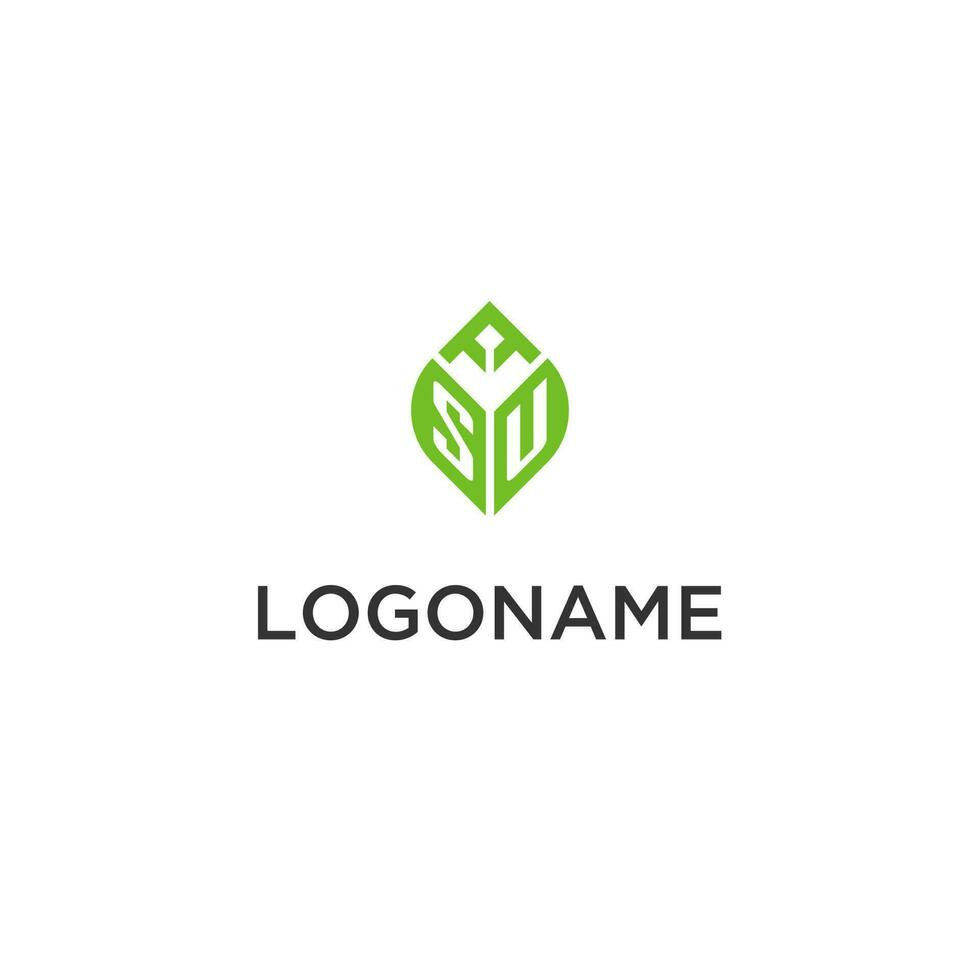 SU monogram with leaf logo design ideas, creative initial letter logo with natural green leaves vector