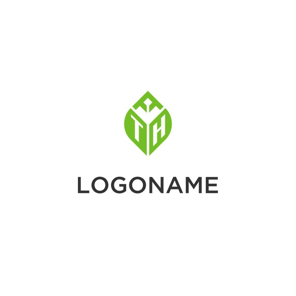 TH monogram with leaf logo design ideas, creative initial letter logo with natural green leaves vector