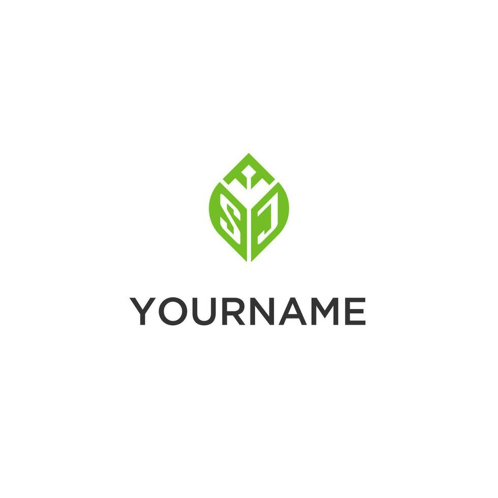 SJ monogram with leaf logo design ideas, creative initial letter logo with natural green leaves vector