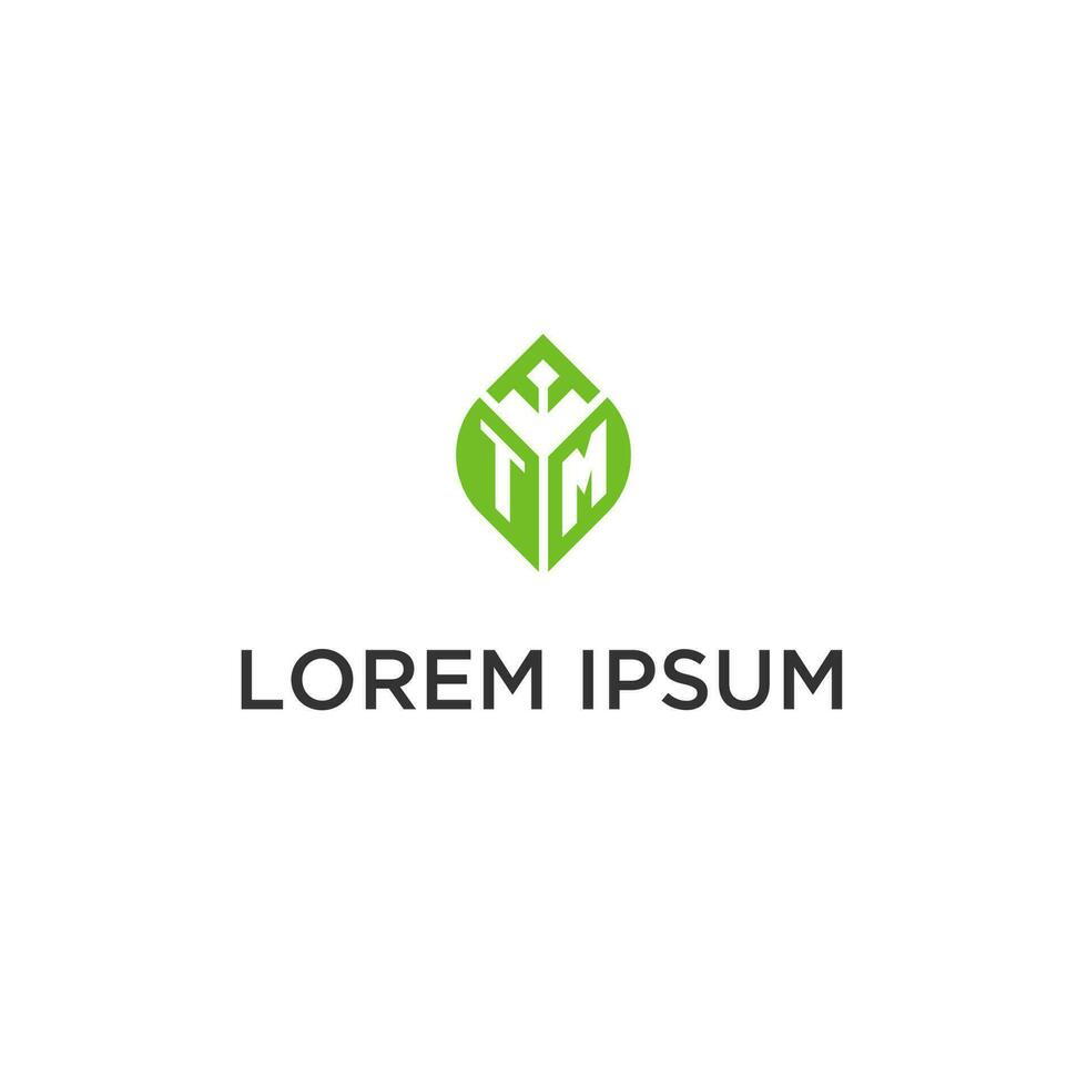 TM monogram with leaf logo design ideas, creative initial letter logo with natural green leaves vector