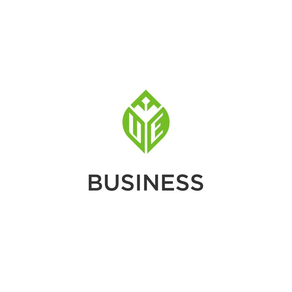 UE monogram with leaf logo design ideas, creative initial letter logo with natural green leaves vector