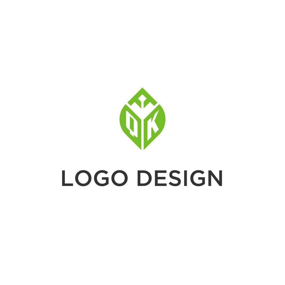 QK monogram with leaf logo design ideas, creative initial letter logo with natural green leaves vector